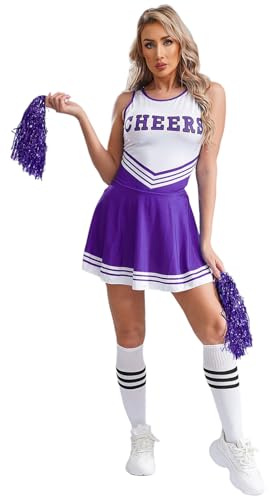 renvena Damen Cheer Leader Kostüm Set Minikleid mit Pompons Strümpfe Karneval Halloween Fasching Cosplay Outfit Party Tanz Kostüme