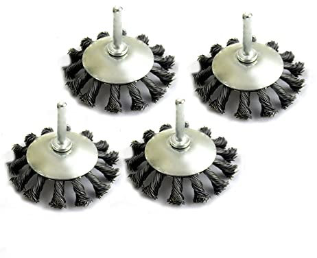 Brocha de alambre de taladro, cepillo de alambre de rueda de acero de 75 mm con diámetro de vástago de 6 mm, cepillo de alambre giratorio para óxido, eliminación de pintura, lijado, paquete de 4