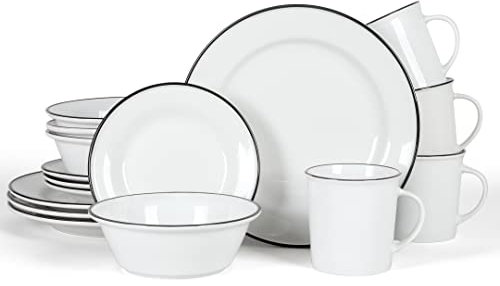 Martha Stewart Cliffield Service de table 16 pièces en porcelaine Blanc avec bord noir