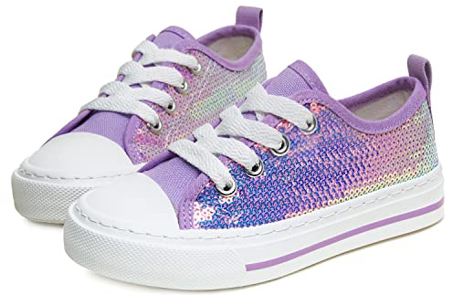 Toandon Girls Kids Sneakers Glitter Sequins Canvas Shoes Toddler Child Glitter Sparkle Low Top Lace Up Non Slip Lightweight Walking Outdoor Purple Size 11