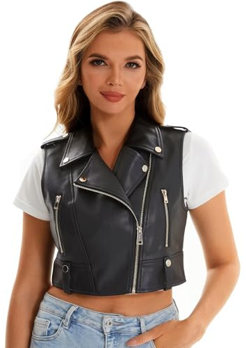 WYOYW Faux Leather Vest For Women Zipper Cropped Short Sleeveless Biker Moto Slim PU Motorcycle Waistcoat 068 Black S