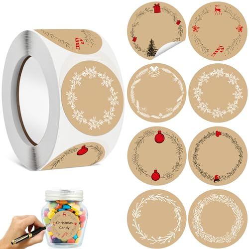 Papier Kraft Etiquettes, 500 pcs - Rouleaux de Noël, Étiquettes à Confiture, Rond, Pour La Maison, Emballages Cadeaux