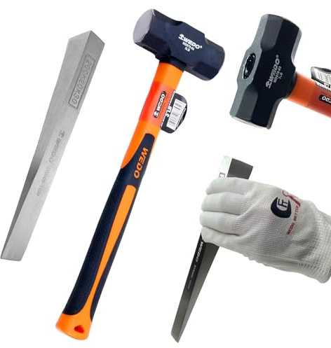 WEDO Set di 2 cunei con flangia da 20,3 cm + martello da 1,4 kg, cuneo spaccato in acciaio inox da 200 mm, martello per crepe ad alto tenore di carbonio con manico in fibra di vetro, forgiato a stampo