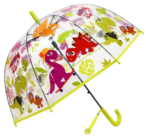 Chesoon Parapluie à bulles transparent pour enfants pour la pluie Auvent de dôme coupe-vent automatique ouvert avec des motifs de dinosaures mignons,Jaune