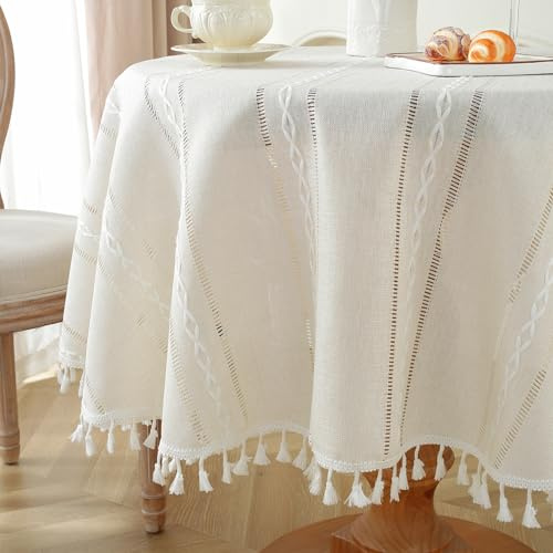 meioro Böhmische Runde Tischdecke für Küche Dekoration, 140cm Makramee Tischtuch mit Quasten, Kreis Leinen Tischwäsche, Gestreifte Tafeldecke Mesh Tischdecken für Esstisch Tabletop (Elfenbein Weiß)