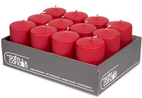 DecoLite Stumpenkerzen 10 x 6 cm, 36h Brenndauer, 12 Stück, Rot | RAL-geprüft, Safe Candle selbstverlöschend, tropf- & rußfrei, ohne Duft, 12 Stück, 10 x 6 cm, 36 h