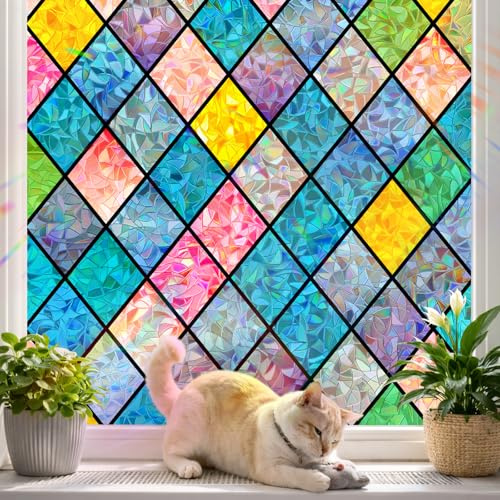 Zindoo Fensterfolie Blickdicht 3D Regenbogeneffekt Sichtschutz 105x200cm | Statisch haftend ohne Kleber, UV-Schutz für Fenster, dekorative Sichtschutzfolie für Wohnzimmer, Büro, Türen und Balkon