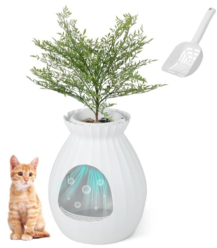 Maxmass Cat Litter Box, Plant Pot Hidden Litter Box Furniture with Electronic Odor Removal System, Faux Plant, Pebbles, Door Curtain & Scoop, Large Kitty Washroom Toilet for Living Room Bedroom