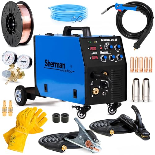 Sherman DUALMIG 210 S3 - Soldador Inverter Profesional con Gas 200 A - Modos de Soldadura DC TIG, Inductancia y MMA - Máquina de Soldar con Chasis - Tecnología IGBT - Set Basic