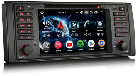 Erisin 7 pollici Schermo tattile Android 14 Autoradio GPS Navigator per BMW Serie 5 E39 M5 Supporto Bluetooth Handsfree CarPlay Android Auto WiFi DSP DAB+ USB FM RDS Lettore CD DVD 8 Core 4GB+64GB