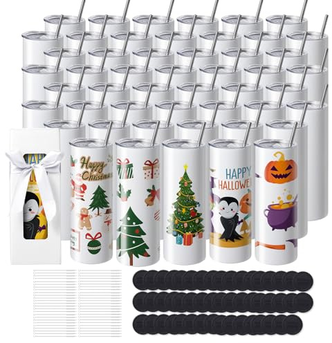 VEVOR Gobelets Thermos à Sublimation de 59 cL, 50PCs, Fins et Droits, Bouteille Sublimable en Acier Inoxydable, Vierges, à Double Paroi, Cadeaux Personnalisés avec Couvercle et Paille, Boîte Cadeau
