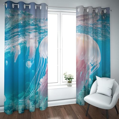 CHERHERART Ocean Theme Kindervorhänge Verdunkelung Noise Cancelling Vorhänge Qualle Sommer Vorhänge für Kinder Schlafzimmer Kinderzimmer-Blau B140xH183
