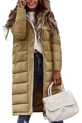 Vancavoo Abrigo Acolchado de Invierno para Mujer Abrigos Largo con Capucha Chaqueta de Acolchada Cálido Gruesa Elegantes para Exteriores(Caqui,XL)
