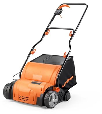 LawnMaster 1350W lawn scarifier, lawn rake, aerator. Electric scarifier with 33cm working width, interchangeable attachments, adjustable working depth and 40L collection bag, With 10m long cable.