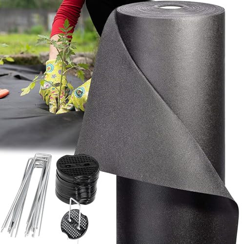 MEEYI Mulchvlies Vlies Folie 100g/m² 1.5x90m, UV & witterungsbeständiges Anti Unkrautfolie & Gartenvlies aus Polypropylen mit Erdspieße für Gemüsegarten Sandkasten -Schwarz