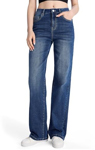 SEVEGO Women's 32/34/36 Tall Straight Leg Jeans Mid Waisted Stretchy Loose Denim Pants Casual Baggy Jean Trousers 34'', Blue, L