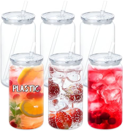 16 Oz Acrylic Plastic Can Tumbler, 6 Pack Plastic Clear Cup Beer Can, Plastic Mason Jar with Clear Lid