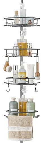 DUFU Adjustable Bathroom Corner Shelves, Telescopic Extendable Shower Caddy Corner with 4 Bathroom Baskets, 10 Hooks, 2 Towel Rail, No Drilling Storage Shower Shelf, 93-322 cm Floor to Ceiling, Grey