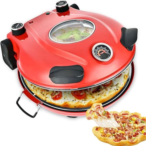 OFNHJK Electric Pizza Oven, 1200 W Portable Electric Pizza Oven, with Stone Base & Glass Window, Adjustable time & temp to 420℃, 12 Inch Indoor Pizza Oven for Crepes, Pancakes Red