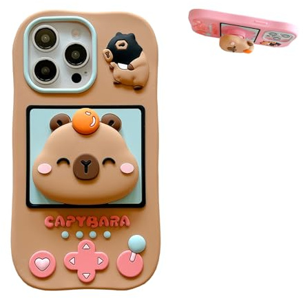QoKcoahn Fodral för iPhone 12/12 Pro, roliga 3D-tecknade fodral, söta kawaii-telefonfodral, mjukt silikonfodral, stötsäkert och skyddande skal, design med kapybarafäste, kaki