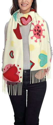 Warmer Kaschmir-Schal für Damen, mit buntem Herzmuster, weicher Wickelschal, Pashmina-Gefühl, Schal mit Quaste, Schwarz, Einheitsgröße