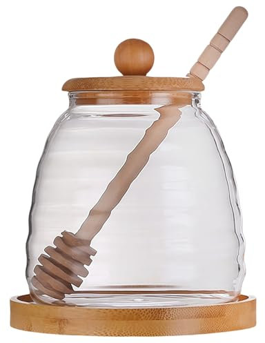 Siocok Glass Honey Pot Honey Jar with Spoon and Lid Glass Honey Equipped with wood Honey Stick And tray, For home kitchens (1, A)