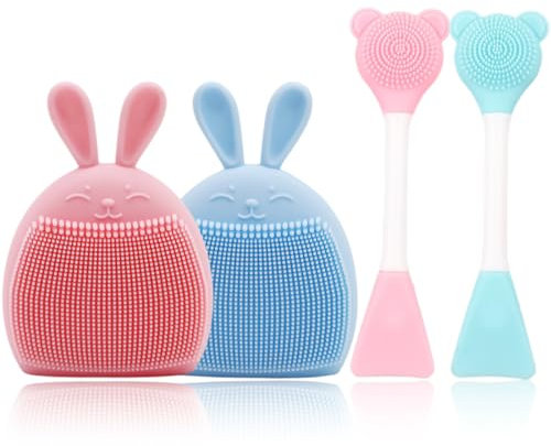 EORPAVU Appareils de nettoyage et brosses pour le visage, Brosse nettoyante pour le visage en silicone 4 pièces avec double tête pour éliminer les points noirs (rose, bleu)