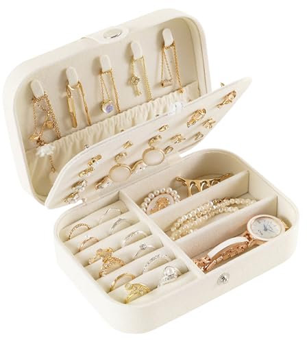 Guyode Boîte à bijoux en cuir - 16 x 11 x 5 cm - Portable - Boîte à bijoux de voyage - Pour ranger boucles d'oreilles, bagues, colliers et bracelets (blanc)