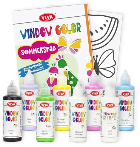 LM-Kreativ Window Color Set - Sommerspaß - Entfache Kreativität mit 7 x 80ml Farben & 1 x 80ml Konturfarbe, inklusive Vorlagenheft mit ca. 30 Sommer-Motiven. Auf Wasserbasis & leicht entfernbar