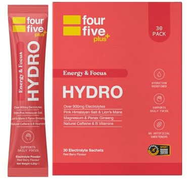fourfive Hydration Sachets (Energy & Focus) - Hydro Electrolytes Powder with Natural Caffeine & Lion's Mane, Boost Daily Stamina - Red Berry, 30 Sachets