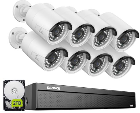 SANNCE 4K POE CCTV Security Camera System, 16 Channel NVR 8MP with 8x Surveillance Cameras, 2-Way Audio Recording, Human/Vehicle Detection, 2TB HDD