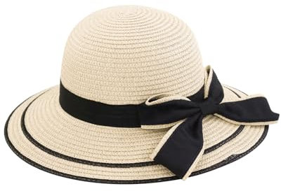 FuninCrea Sonnenhut Damen Breite Krempe Strohhut UPF 50+ Schlapp Faltbar Sommerhut UV-Schutz mit Elastischer Schnur, Strandhut Damen Sonne Strohhut (DE/NL/SE/PL, Alphanumerisch, Einheitsgröße, Khaki)