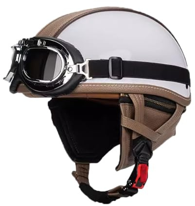 VVPEC Vintage Motorradhelm Open Face Leder-Helm Motorrad Roller Helm Mit Brille Jethelm Straßenhelm Für Damen Und Herren ECEDOT Zertifizierung Halbschalenhelm(6,L=59~60cm)