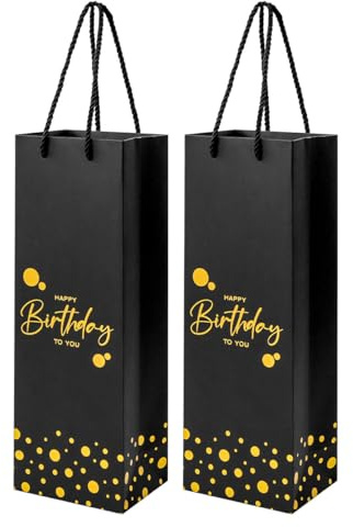 Ssyuysto 2 Stück Geburtstagswein-Geschenktüten aus schwarzer Goldfolie, Geburtstagsparty-Weinflaschen-Geschenktüten-Set mit Griffen, wiederverwendbare Champagner-Papiertüten für Damen und Herren