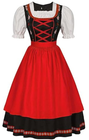 Dirndl Women's Long Costume Dress Red Dirndl Dress Including Lace Apron 2-Piece Elegant Traditional Skirt Modern Bavarian Outfit Refined Costume Dress for Oktoberfest Outfit, red, M