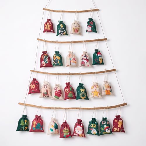 Adventskalender zum Befüllen, DIY Säckchen, 24 Groß Stoffbeutel, Adventskalender Selber Befüllen mit Holzklammern und Hanfseil für Kinder & Erwachsene
