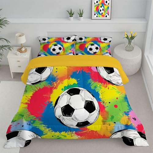 Trapunta Singolo Per Bambini, Con Stampa Pallone Calcio Dipinto Mano, Trapunta, 4 Stagioni, Arcobaleno Inchiostro Splash, Piumone Colorato, Letto 140X200 Federa, Reversibile Piumino Senza Copertina