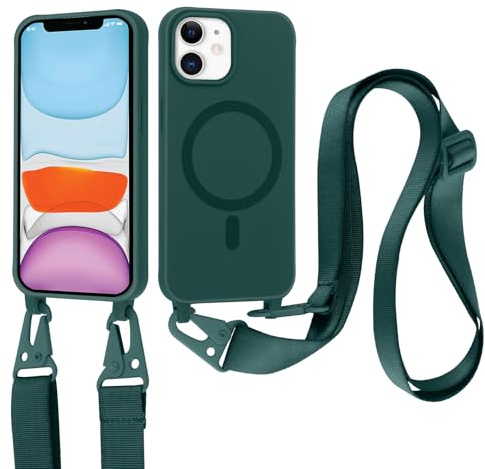 Jrkvniv Coque pour iPhone 11 avec Cordon, Compatible with MagSafe, Silicone Housse avec Lanyard Réglable Collier, Antichoc Bandoulière Portable Lanière Protection Case pour iPhone 11 6,1, Vert