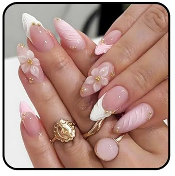 FrostyFlair Ongles Press On, 24 Pièces 3D Roses Amande Medium Faux Ongles avec Fleurs en Relief et Perles Dorées, Finition Brillante Ongles Réutilisables
