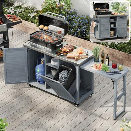 Kennkari 78.3 Outdoor Kitchen Island with Foldable Grill Table, Wooden Outdoor Grill Cart with Trash Can Storage and Stainless Steel Top, Bar Cart for Lawn and Garden (Grey Blue)