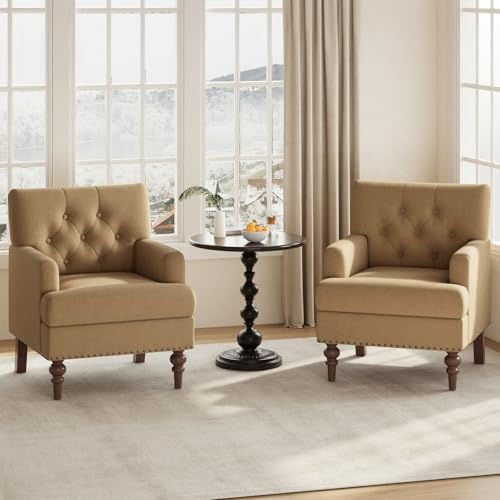 MALOL Upholstered Accent Chair with Thick Cushion, High Back Reading Chair, Linen Blend Armchair with Solid Rubberwood Legs for Living Room, Bedroom, Reading, Apartment & Small Spaces,Brown,Set of 2