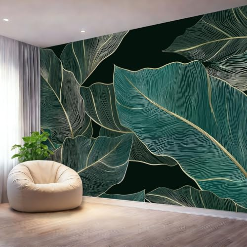 Carta da parati panoramica, 250 x 175 cm Murale per Soggiorno e Camera, Verde Tessuto Non Tessuto Senza Odore, Minimalismo Lusso Lamina D'Oro Foglie Di Banano Carta da Parati Fotografica 3D Effetto