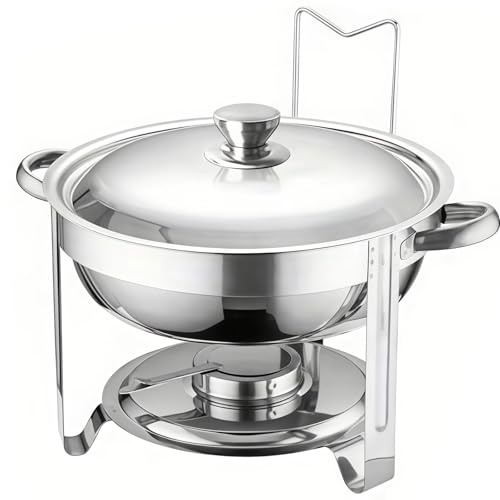SAYEYBU Set Chafing Dish Rotondi 4,5L, Scaldavivande Bagnomaria Acciaio Inox, Contenitore Scaldavivande per Buffet, Chafing Dish per Zuppe, per Ristoranti Catering Feste Matrimoni,A with Hook,4.5L
