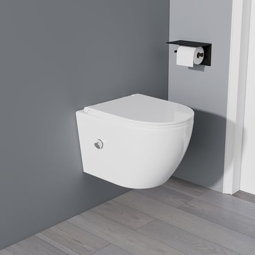 Yishang Dusch WC mit Integrierter Düse, Hänge WC mit Bidet Funktion, Taharet WC mit Nanobeschichtung, WC Dusche mit Armatur, WC Sitz mit Absenkautomatik, Kalt Wasser, 53×36×35 cm