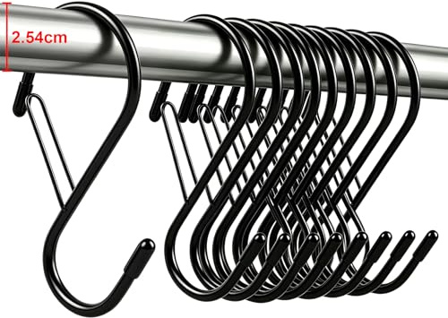 Swatowot 10 Stück 10 cm große S-Haken mit Sicherheitsschnalle, robuste S-Haken aus schwarzem Stahl, passend für 2,54 cm Stangen, rutschfest und kratzfest, für Küche, Schrank, Pflanzen, Jeans