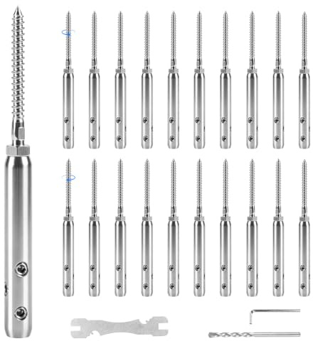 Lot de 20 Tendeurs de Câble, Tendeur Cable INOX pour Cable INOX 3mm avec Tige Filetée et Clé Allen Garniture de Tension pour Câble Fixation Haubanage pour Balustrades Cordes à Linge
