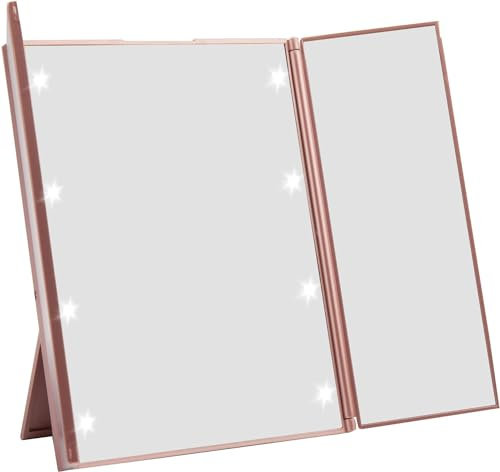 Miss Sweet Rose Gold Trifold LED Lighted Makeup Mirror, 8 Tabletop Vanity Mirror