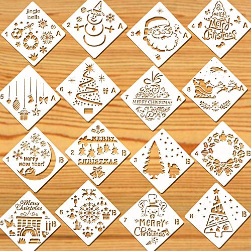 HOWAF Schablone Weihnachten, 16 Stück Weihnachtsschablonen Wiederverwendbare Kunststoff Zeichenschablonen Malschablonen Kinder für Sprühschnee Fenster, Scrapbooking, DIY Weihnachtskarten