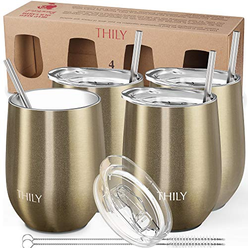 THILY Bicchieri da vino isolati in acciaio inox, confezione da 4 bicchieri da vino senza stelo con coperchio e cannuccia, riutilizzabili, senza BPA, carini bicchieri da viaggio per caffè, cocktail,