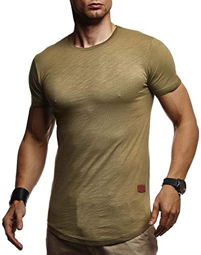 Leif Nelson Sommartröja för män, rund hals, slim fit, bomull, svartvitt, basic, kortärmad O-hals, kortärmad, LN8331, Khaki, M